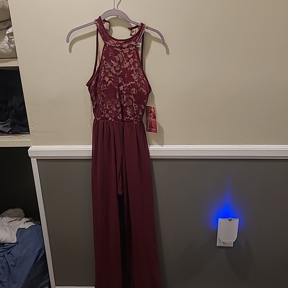 Emerald Sundae Womens Small Hi-low Burgundy Lace Dress NWT Halter CLASP Romper